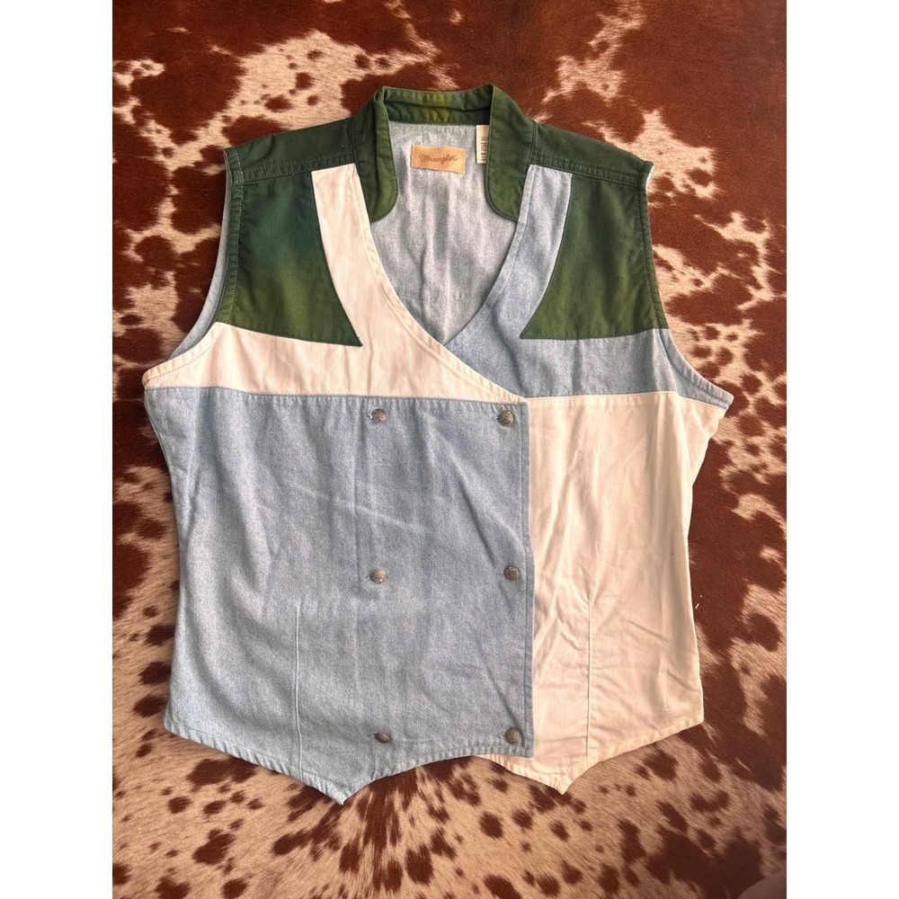 Vintage Wrangler Western Crossover Denim Sleeveless Top Green White Medium